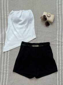 SHORT SET AND SYMMETRIC STRAPPER BLOUSE WITH FASHION BLOGUERINHA BELT - 黑色 - 查看 2