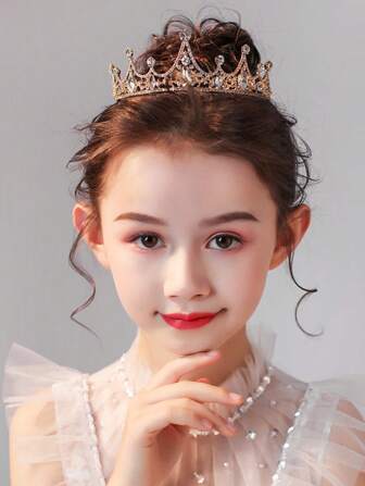 1pc Children Princess Crown Headpiece, Crystal Ice Snow Queen Crown Hair Accessories For Girls Birthday Party, Golden Tiara Headdress For Show