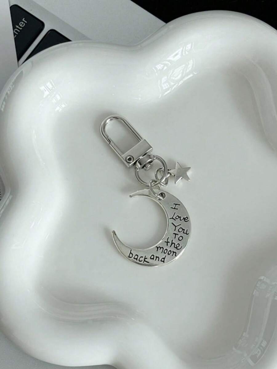1pc Unisex Minimalist Star Moon Key Chain, Retro Style Gift For Students, Friends, Couples, Backpack Pendant - Silver - View 1