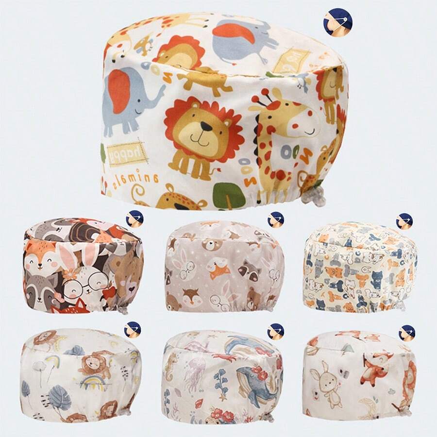 1 pieza Gorro quirúrgico con estampado de animal y planta de dibujos animados, gorro de enfermero pediátrico, gorro de lavado de clínica veterinaria, unisex