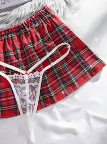 ROMWE Anime 四件套性感角色扮演内衣套装，包括红色格子学生制服、白色蕾丝丁字裤和诱人内衣，适合狂欢派对，透气舒适。 - 彩色 - 查看 4