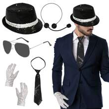 3 peças/Conjunto Acessórios de Fantasia MJ, Conjunto de Fantasia do Rei do Pop MJ com Chapéu, Luva Sequin, Chapéu, Óculos de Sol, Fantasia do Rei da Dança para Adultos de Cosplay, Festa de Despedida de Solteiro/Solteir, Tema de Halloween Caveira/Esqueleto - Multicolorido - Visão 1
