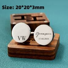 Customized Laser Engraved Text Stainless Steel Round Cufflinks With Wooden Gift Box