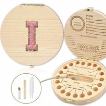 创意首字母木质牙齿收纳盒木质牙盒脐带牙齿收集盒婴幼儿纪念品盒刺绣字母A到Z - 杏色 - 查看 69