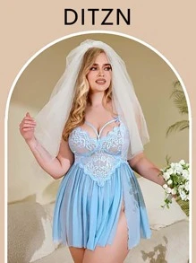 DITZN Camiseta de muñeca de talla grande, camisón de encaje transpirable de verano con vestido vaina sexy transparente lencería erótica y tirantes (con tanga gratis)