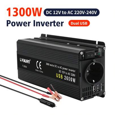 800 W/2000 W (Spitze), 1300 W/2600 W (Spitze) Auto-Wechselrichter, 12 V auf AC 230 V, Wechselstrom-Konverter mit 1 Euro-Wechselstrom-Steckdose und 2 USB-Anschlüssen für Auto, Wohnmobil, Heim-Laptops