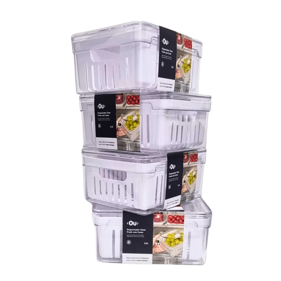 Kit 4 Acrylic Fridge Organizer With Lid Clear Fresh 2.2L With Washing Basket Food Fruits Salads Vegetables - Nhiều màu - Xem 1