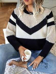 Suéter de punto con cuello redondo, manga larga, con rayas, calado y contraste de color, talla grande