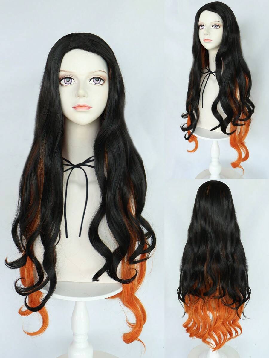 女式侧分超长波浪黑橙色合成耐热纤维头发动漫角色扮演假发万圣节动漫展狂欢节服装派对女士假发女性节日生日礼物圣诞节酒吧俱乐部狂欢派对游戏装饰摄影道具舞台表演配件自然外观适合初学者