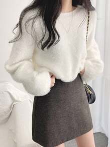 女式纯色马海毛圆领毛衣，秋冬 - 米色 - 查看 4