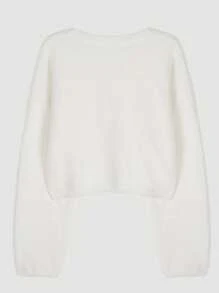 女式纯色马海毛圆领毛衣，秋冬 - 米色 - 查看 3