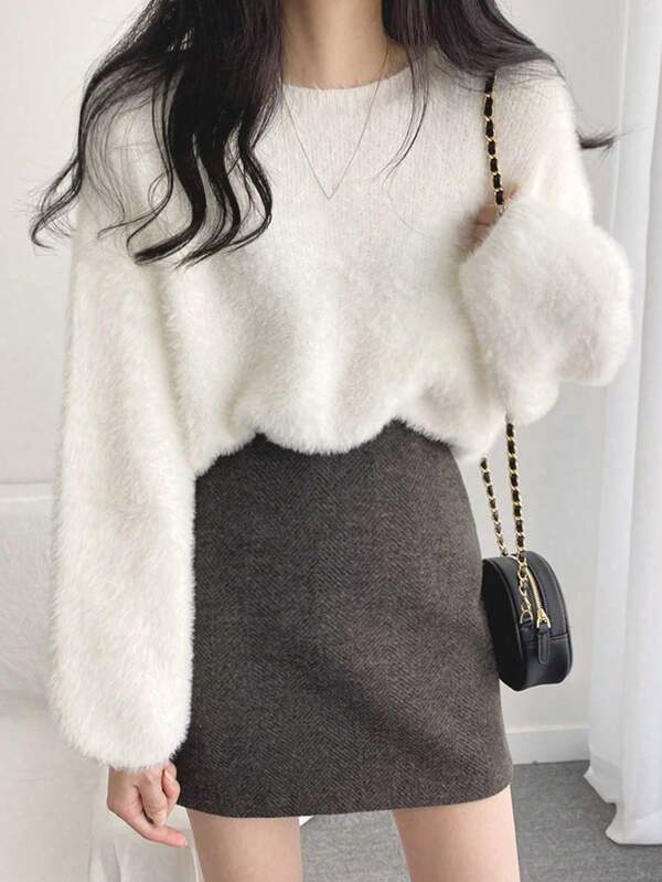 Women's Solid Color Mohair Crew Neck Sweater, Autumn/Winter