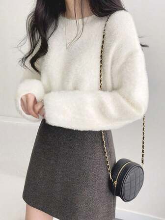 女式纯色马海毛圆领毛衣，秋冬