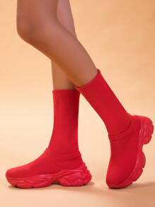 女士休闲运动鞋新款夏季时尚百搭高帮针织网眼运动鞋，年轻女士户外个性街头风格简约纯色鞋，女士户外散步休闲百搭袜套鞋 - 紅色 - 查看 1