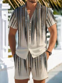 Men's Geometric Print Short Sleeve Shirt And Shorts Casual Set For Vacation - Multicolor - View 1