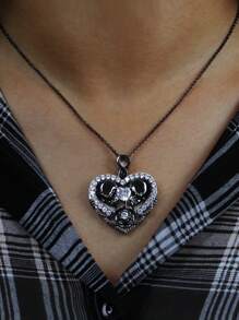 1 Dây chuyền mặt hình đầu lâu hình trái tim S925, Dây chuyền xích phong cách Gothic đen mạ đá cá nhân, Hoàn hảo để đeo hàng ngày tại các bữa tiệc lễ hội ma Halloween Valentine - màu đen - Xem 6