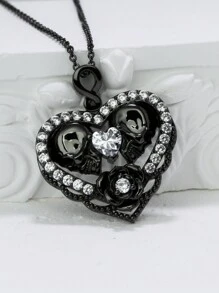 1 Dây chuyền mặt hình đầu lâu hình trái tim S925, Dây chuyền xích phong cách Gothic đen mạ đá cá nhân, Hoàn hảo để đeo hàng ngày tại các bữa tiệc lễ hội ma Halloween Valentine - màu đen - Xem 2