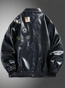 秋季宽松街头品牌男士 PU 皮夹克 - 黑色 - 查看 2