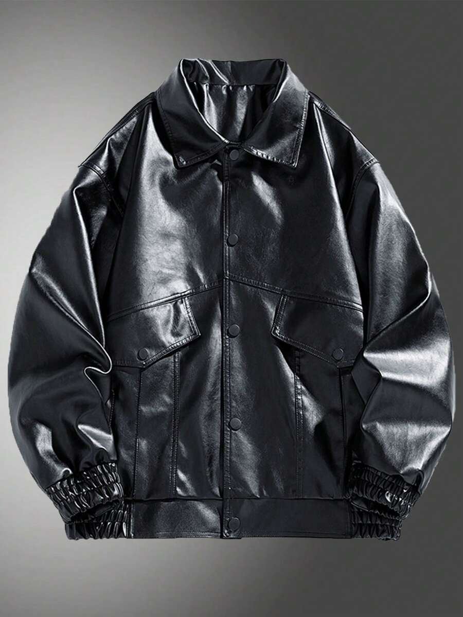 秋季宽松街头品牌男士 PU 皮夹克 - 黑色 - 查看 1
