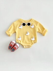 Newborn Baby Cute Duck Graphic Soft Long Sleeve Bodysuit, Spring Autumn - Yellow - View 1