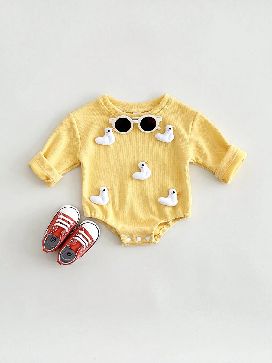 Newborn Baby Cute Duck Graphic Soft Long Sleeve Bodysuit, Spring Autumn - Yellow - View 1