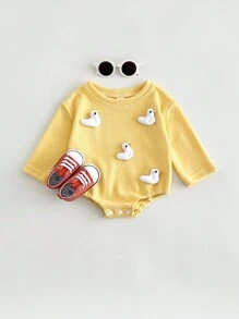 Newborn Baby Cute Duck Graphic Soft Long Sleeve Bodysuit, Spring Autumn - Yellow - View 7