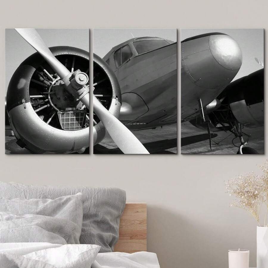 Vintage Airplane Canvas Set: Black & White Close-Up Photography For Modern Living Room, Bedroom, & Office -30x20x1.5inch Panels (3) - Nghệ thuật treo tường bằng vải canvas - Xem 1