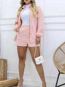 Long Sleeve Top And Shorts Set Combination - 粉色 - 查看 2