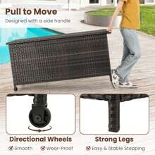 COSTWAY 85 Gallon Rattan Deck Box With Waterproof Liner Universal Wheels & Gas Strut Brown/Black - Brown - View 7