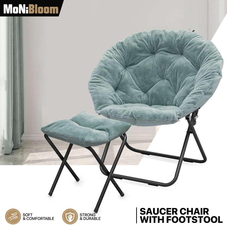 Silla redonda plegable con falso pelaje de MoNiBloom para dormitorio, sala de estar o dormitorio. Estructura metálica plegable, grande y cómoda, acolchada y suave, silla de descanso perezosa y acogedora tipo luna para adultos