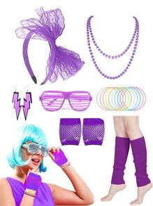 7/10pcs 80s Party Costume Accessories, 1980s Neon Color Dress Party Set, Women Neon Venetian Blinds Sunglasses Necklace Belt Leg Warmers Headband For Party, Dance - Multicolor - View 19