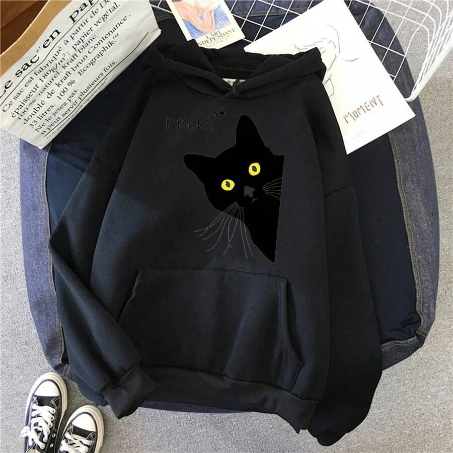 Men's Black Cat Hoodie Fashion Loose Sweatshirts Unisex Thicken Prints High Quality Pullover Street Warm Sportswear - 黑色 - 查看 1