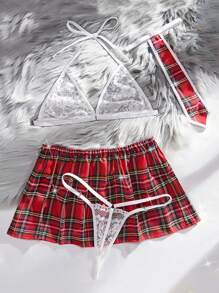 ROMWE Anime 四件套性感角色扮演内衣套装，包括红色格子学生制服、白色蕾丝丁字裤和诱人内衣，适合狂欢派对，透气舒适。 - 彩色 - 查看 2