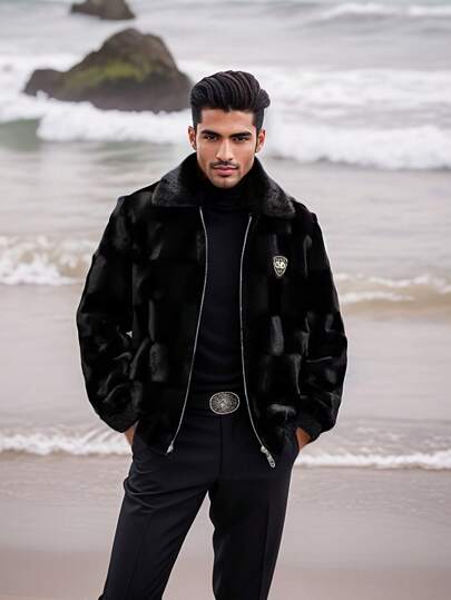 Men's Fashionable Turndown Collar Premium Mink Thermal Lined Thick Warm Coat, Fall/Winter