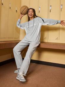 UZISER 基本训练健身跑步宽松轻便快干女式吸湿排汗字母图案插肩袖拼布圆领套头衫 - 淺灰色 - 查看 3