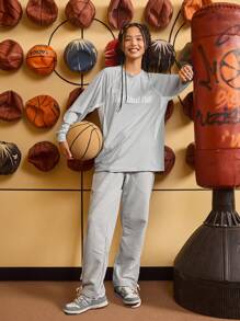 UZISER 基本训练健身跑步宽松轻便快干女式吸湿排汗字母图案插肩袖拼布圆领套头衫 - 淺灰色 - 查看 2