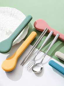 3pcs Stainless Steel Cutlery Set & 1pc Random Color Storage Box,Kitchen,Christmas Gift,School Supplies