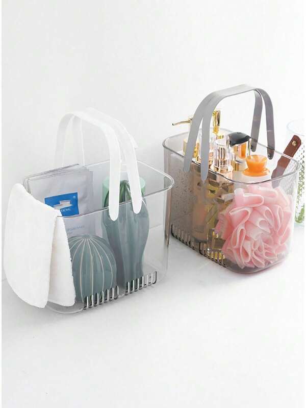 1pc Luxury Transparent Handheld Shower Caddy, Bathroom Storage Basket, Perforated Design, Portable Accessories Storage