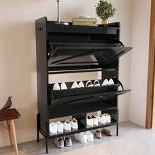 Shoe Cabinet With 2 Flip-Up Drawers, Hidden Shoe Storage Cabinet With Adjustable Shelves For Entryway, Shoe Storage Cabinet With Adjustable Support Stand, Metal Knob, Easy Assembly - 黑色 - 查看 1