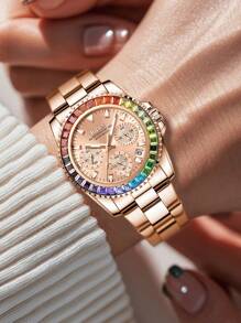 BIDEN Reloj de mujer elegante y de moda BIDEN, reloj de cuarzo para negocios y ocio, cronógrafo de 12/24 horas, calendario luminoso impermeable, caja multicolor, correa de acero inoxidable, reloj de mujer + caja