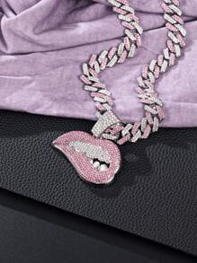 1pc Women's Pink & White Rhinestone Lip Shaped Pendant Necklace, Punk & Hip Hop Style, Jewelry Gift & Party Wear