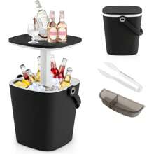 Cool Bar z uchwytem, przenośna chłodziarka do piwa i wina o pojemności 15 l ze szczypcami do lodu i otwieraczem do butelek, stolik boczny 3 w 1 z wewnętrzną przegrodą, w tym funkcją chłodziarki, chłodziarka do napojów na patio i imprezę - Czarne - Zobacz 2