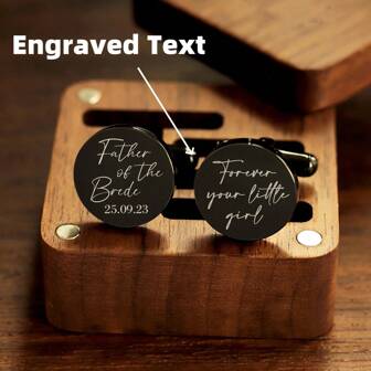 レーザー刻印テキスト ステンレス製 丸型カフリンクス 木製ギフトボックス入り