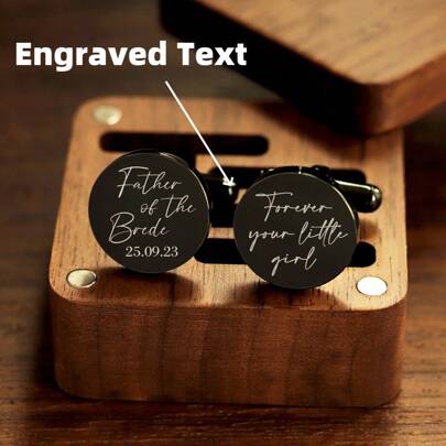 Customized Laser Engraved Text Stainless Steel Round Cufflinks With Wooden Gift Box,Hair Accesoriesfor Women