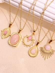 1 pieza Collar colgante de piedra rosa dulce con colgante geométrico y gota de agua - Joyería elegante chapada en oro para mujeres y niñas, nueva - Multicolor - Ver 2