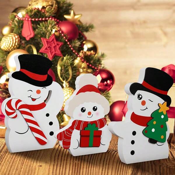 3 Pieces/Set Cute Snowman Winter Decor Indoor, Wooden Tiered Tray Decor With Peppermint Candy Canes, Tree, Xmas Gift Box Sign For Home Shelf Display Birthday Home Decor Christmas Decorations Room Decor Christmas