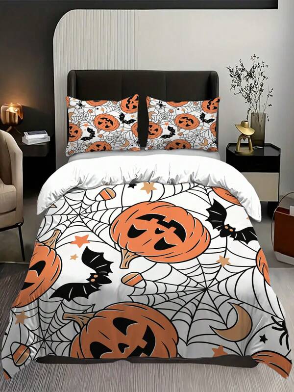 3pcs Halloween Duvet Cover, Pumpkin Bat Pattern Happy Halloween Bedding Set For Bedroom And School Dorm Room (1*Duvet Cover + 2*Pillowcase, Without Core)