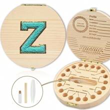 创意首字母木质牙齿收纳盒木质牙盒脐带牙齿收集盒婴幼儿纪念品盒刺绣字母A到Z - 杏色 - 查看 24