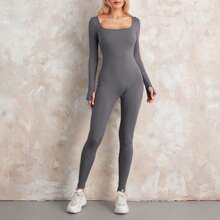 Women Ribbed Knit Jumpsuits Long Sleeve Square Neck Yoga Jumpsuits Bodycon Bodysuit One-Piece Playsuit - 深灰色 - 查看 4