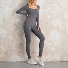 Women Ribbed Knit Jumpsuits Long Sleeve Square Neck Yoga Jumpsuits Bodycon Bodysuit One-Piece Playsuit - 深灰色 - 查看 2